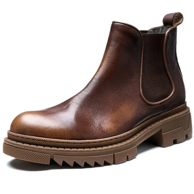 Spring Autumn Men Genuine Leather Round Toe Chunky Bottom Short Boots Thick Warm Slip On Fashion Retro Mixed Colors Single Shoes 60303