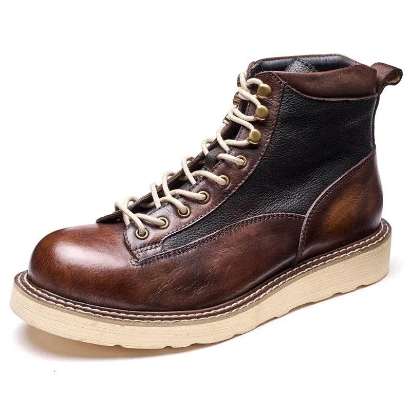 Spring Autumn Men Genuine Leather Mixed Colors Round Toe Single Shoes Chunky Bottom British Style Retro Short Boots 230227