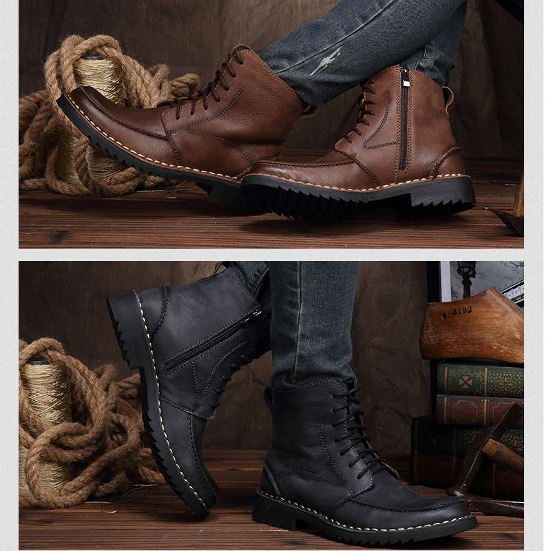 Spring Autumn New British Style Retro Thick Heels Cross-tied Sewing Genuine Leather Side Zipper Men Ankle Short Riding Equestrian Boots 60303