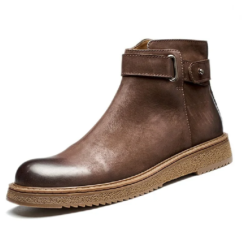 Spring Autumn New British Style Retro Chunky Bottom Sewing Genuine Leather Men Ankle Short Motorcycle Boots Winter Plush 60303