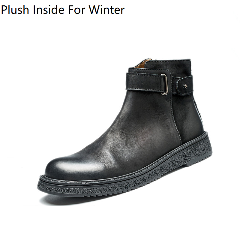 Spring Autumn New British Style Retro Chunky Bottom Sewing Genuine Leather Men Ankle Short Motorcycle Boots Winter Plush 60303