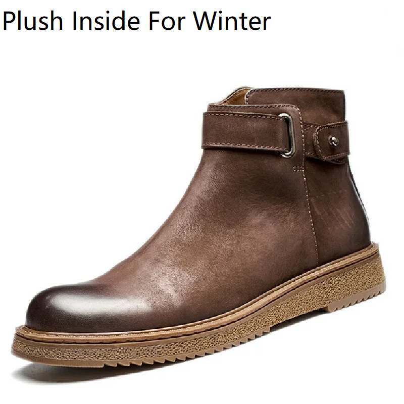 Spring Autumn New British Style Retro Chunky Bottom Sewing Genuine Leather Men Ankle Short Motorcycle Boots Winter Plush 60303