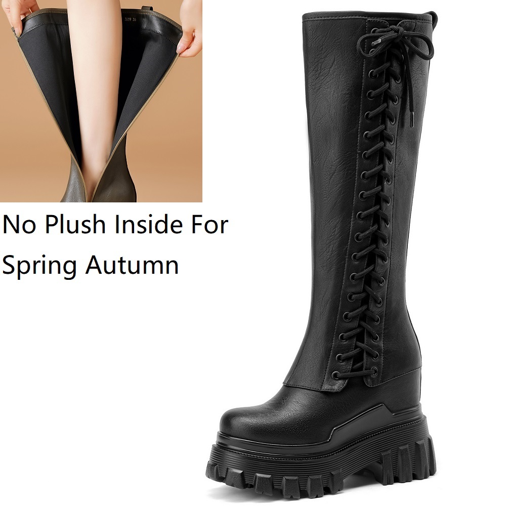Spring Autumn New Slim 12 CM Height Increasing Platform Cross-tied Genuine Leather Women Knee-High Long Modern Boots Winter Plush 60303