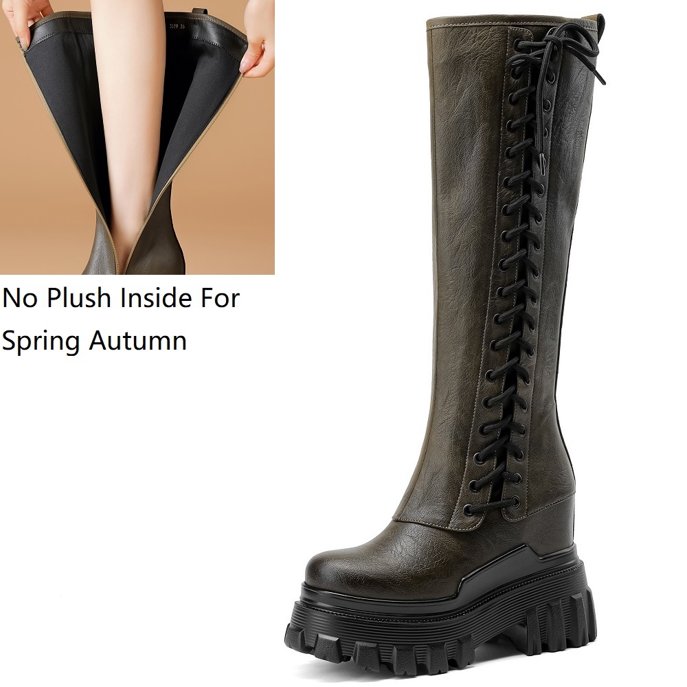 Spring Autumn New Slim 12 CM Height Increasing Platform Cross-tied Genuine Leather Women Knee-High Long Modern Boots Winter Plush 60303