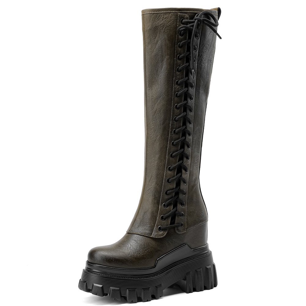 Spring Autumn New Slim 12 CM Height Increasing Platform Cross-tied Genuine Leather Women Knee-High Long Modern Boots Winter Plush 60303