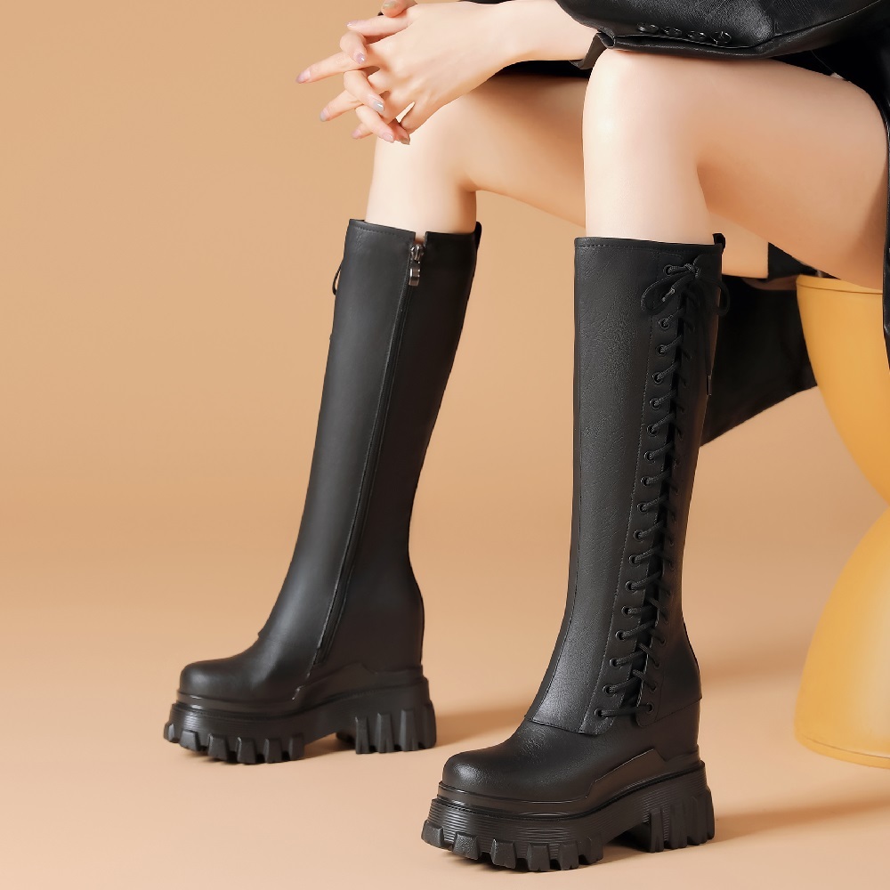 Spring Autumn New Slim 12 CM Height Increasing Platform Cross-tied Genuine Leather Women Knee-High Long Modern Boots Winter Plush 60303