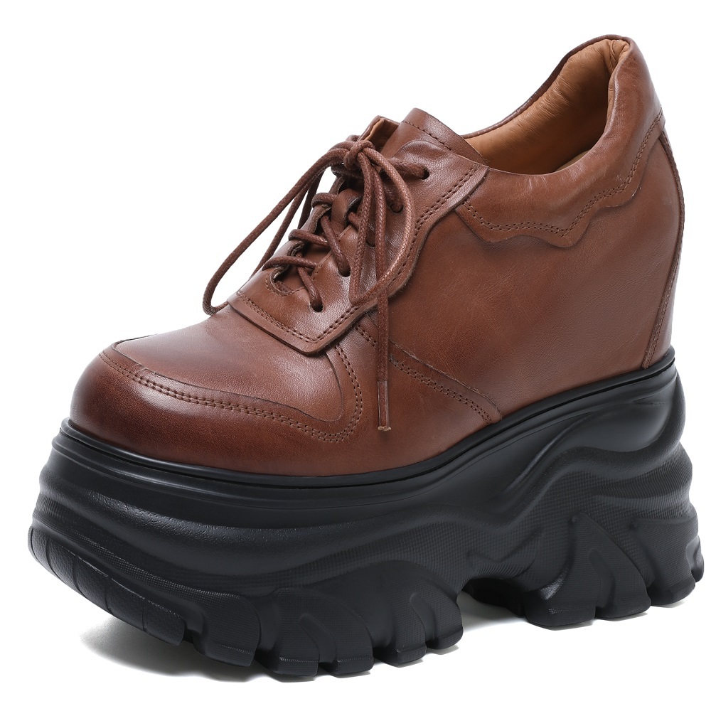 Spring Autumn New Arrival Genuine Leather Lace-up Distressed 14 CM Height Increasing Super High Heel Platform Versatile Women's Pumps 60303