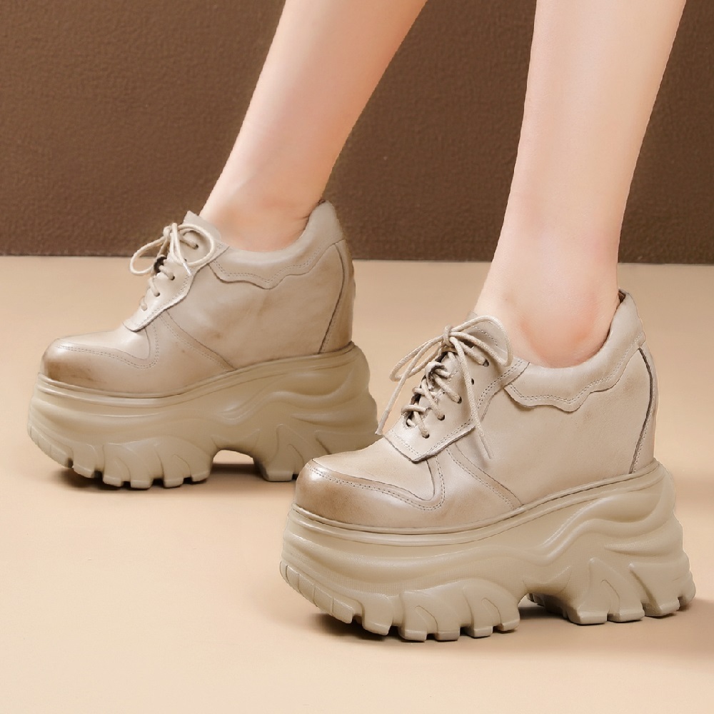 Spring Autumn New Arrival Genuine Leather Lace-up Distressed 14 CM Height Increasing Super High Heel Platform Versatile Women's Pumps 60303