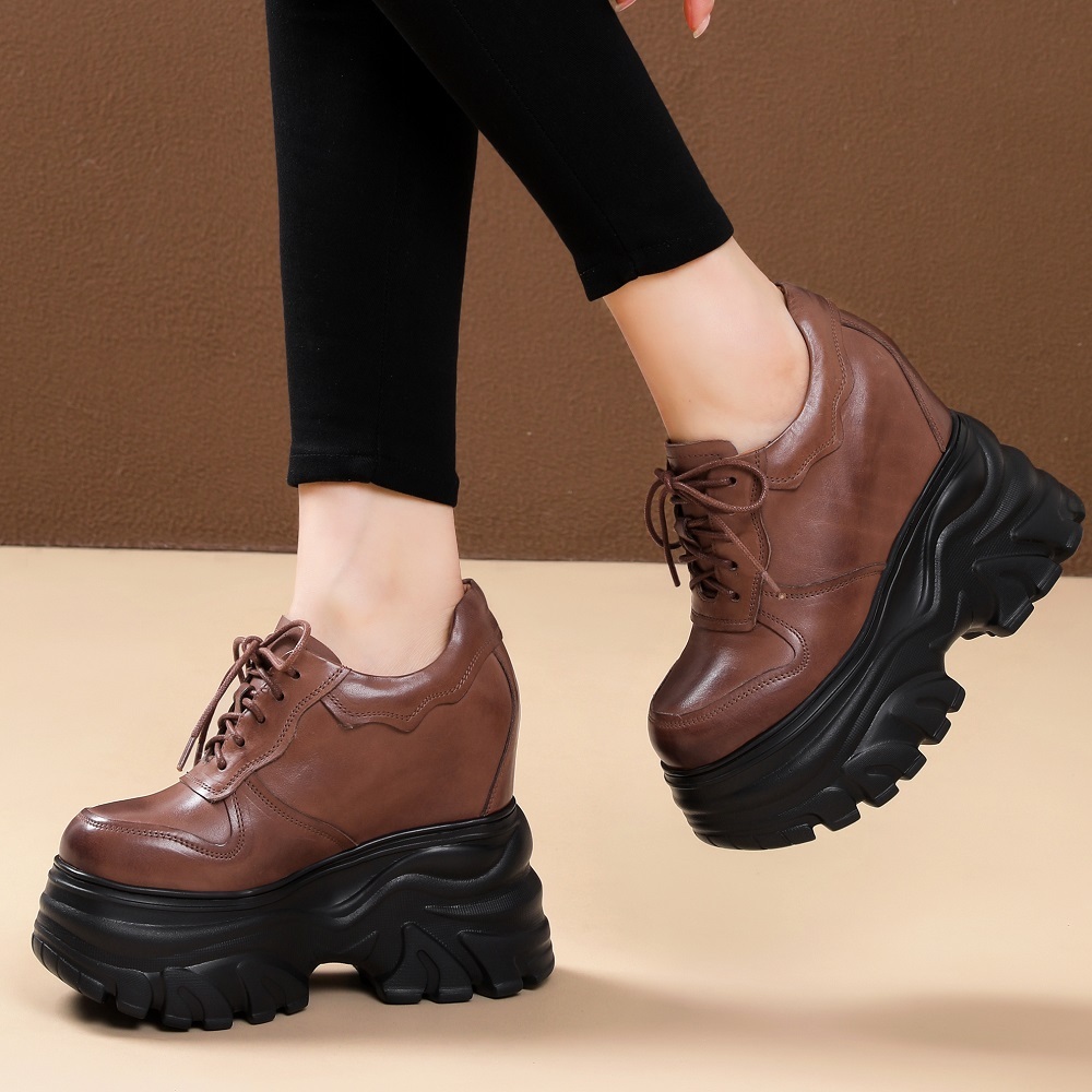Spring Autumn New Arrival Genuine Leather Lace-up Distressed 14 CM Height Increasing Super High Heel Platform Versatile Women's Pumps 60303