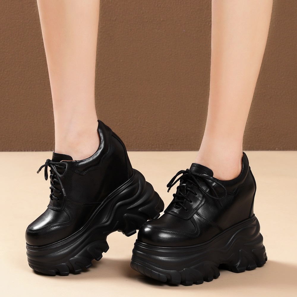 Spring Autumn New Arrival Genuine Leather Lace-up Distressed 14 CM Height Increasing Super High Heel Platform Versatile Women's Pumps 60303