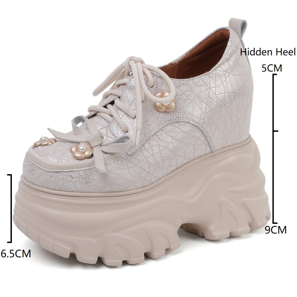 Women's Genuine Leather Lace-Up Flower Bow Pearl 14 CM Height Increasing Platform Sweet Versatile Spring Autumn Shoes 60304