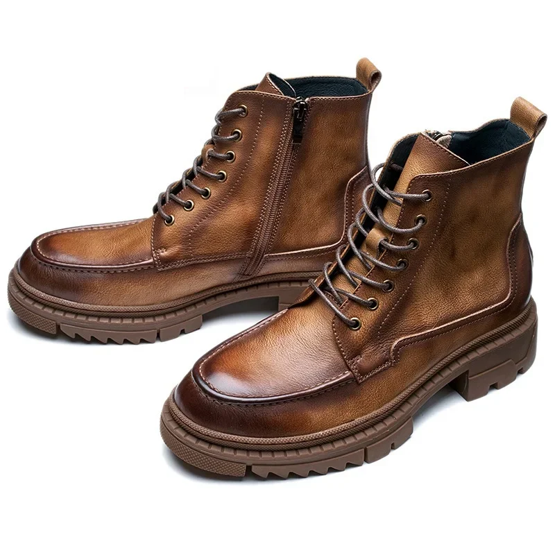 Spring Autumn New British Style Chunky Bottom Platform Cross-tied Side Zipper Sewing Genuine Leather Men Ankle Short Motorcycle Boots 60304