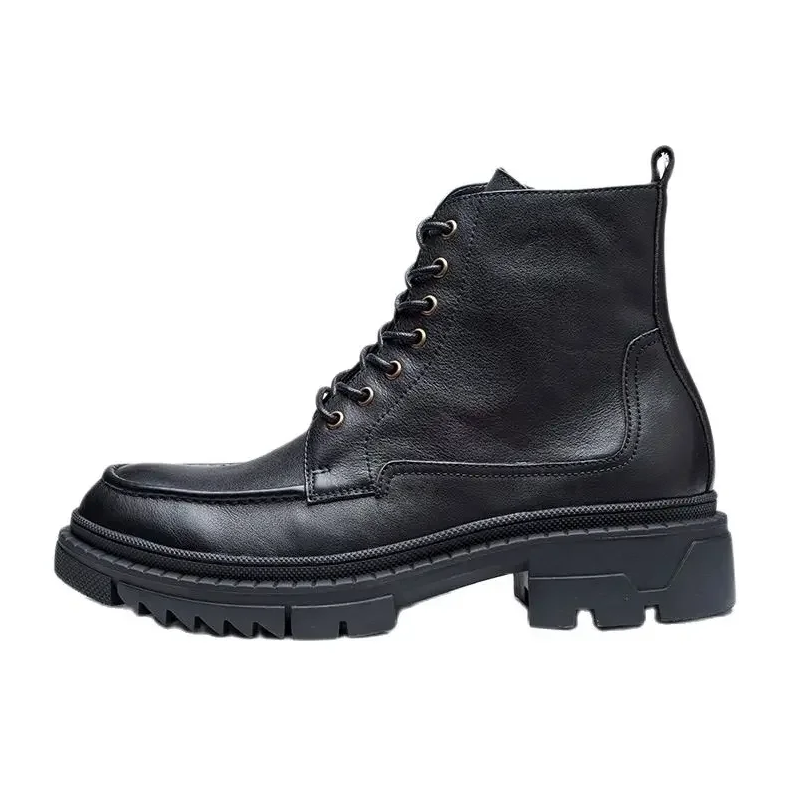 Spring Autumn New British Style Chunky Bottom Platform Cross-tied Side Zipper Sewing Genuine Leather Men Ankle Short Motorcycle Boots 60304