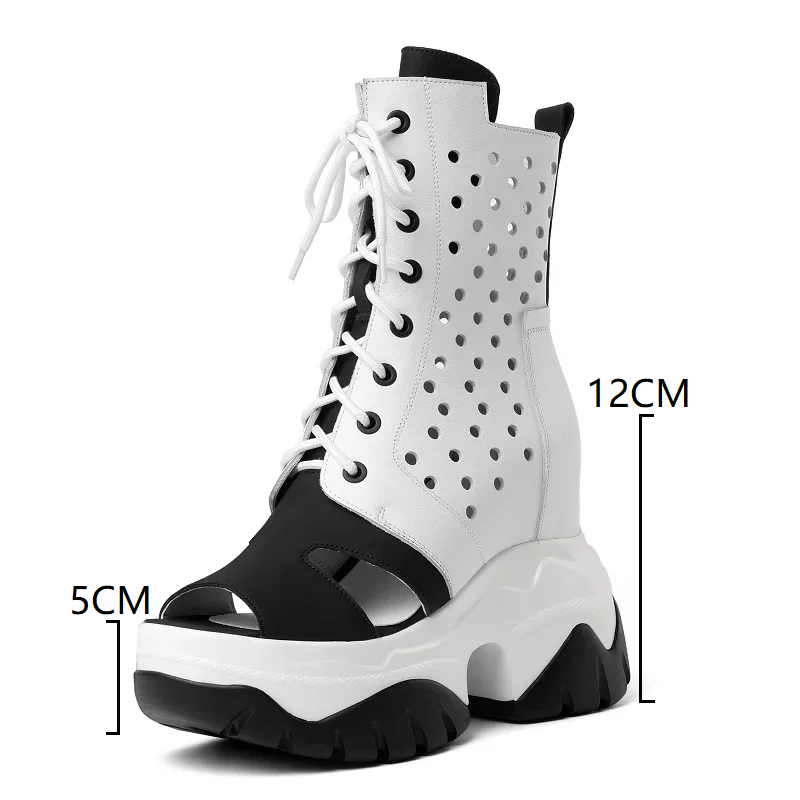 Summer New Slim Platform Peep Toe Wedges Cut Out Cross Tied Mixed Colors Back Zipper Genuine Leather Women Ankle Short Gladiator Boots 60304