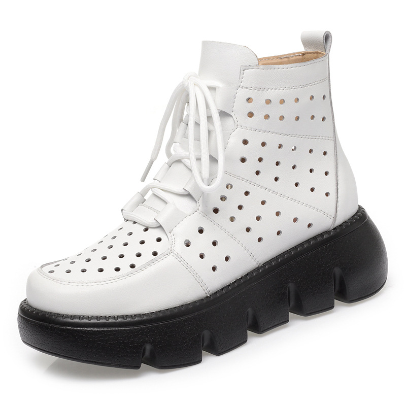 Summer New Fashion Thick Bottom Platform Cut Out Cross-tied Side Zipper Sewing Genuine Leather Women Ankle Short Modern Boots 60304