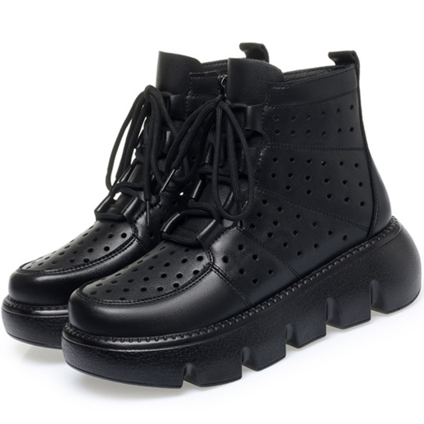 Summer New Fashion Thick Bottom Platform Cut Out Cross-tied Side Zipper Sewing Genuine Leather Women Ankle Short Modern Boots 60304