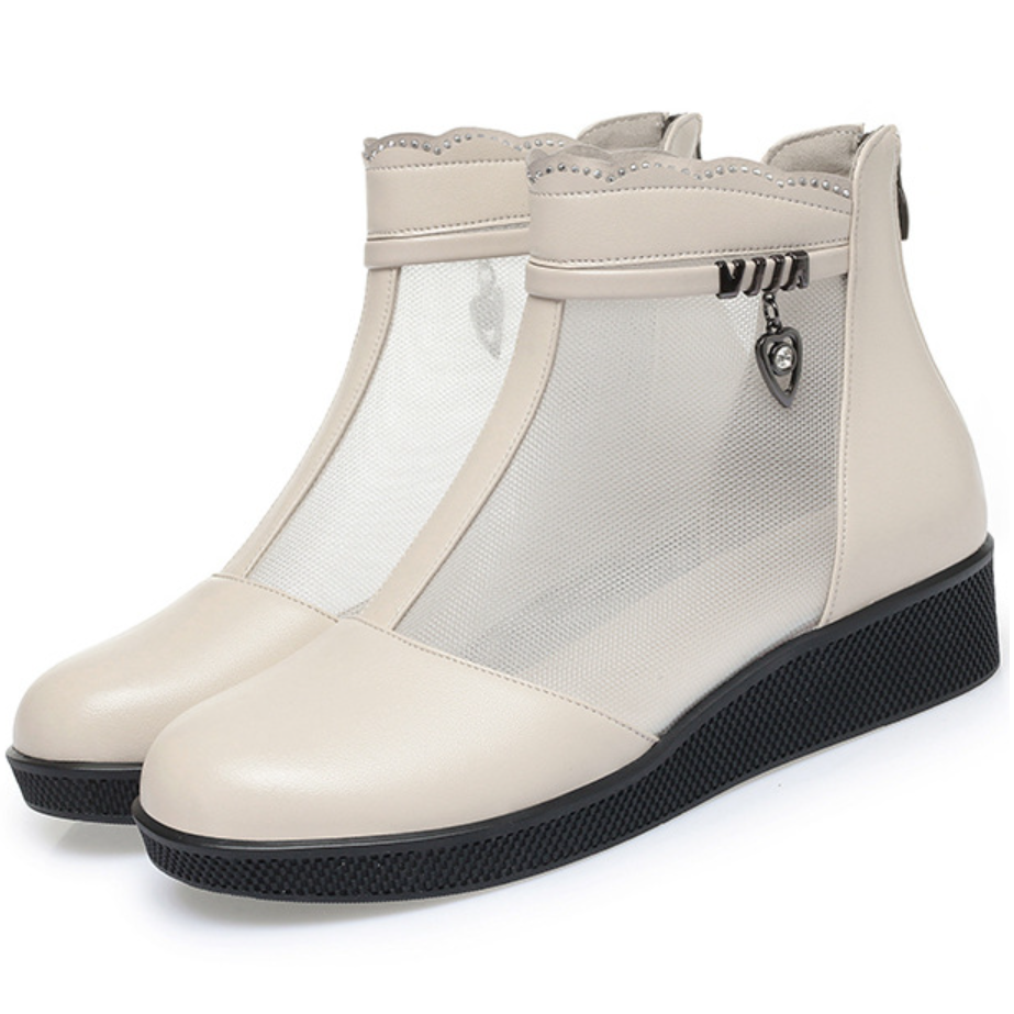 Summer New Fashion Wedges Round Toe Hollow Out Mesh Crystal String Bead Sewing Genuine Leather Back Zipper Women Ankle Short Modern Boots 60304
