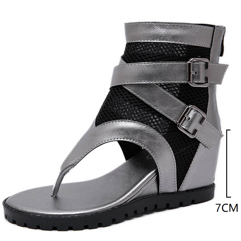 Summer New Fashion 7 CM Wedges Flip Flop Narrow Band Buckle Belt Hollow Out Mesh Back Zipper Patent Leather Women Ankle Short Gladiator Boots 60304