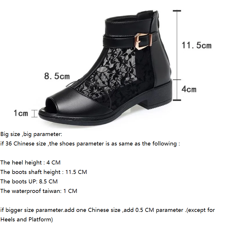 Summer New Fashion 4 CM Thick Heels Peep Toe Embroidery Buckle Belt Hollow Out Mesh Genuine Leather Back Zipper Women Ankle Short Boots 60304