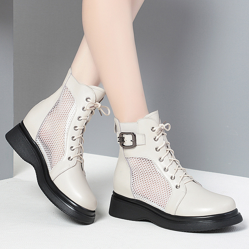 Summer New Arrival Fashion Thick Bottom Cross-tied Belt Buckle Hollow Out Mesh Genuine Leather Women Ankle Short Modern Boots 60304