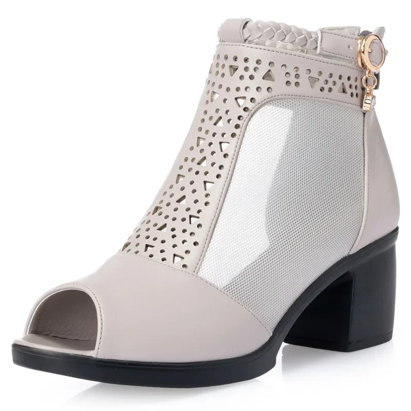 Summer New Fashion Thick High Heels Peep Toe Crystal Buckle Strap Cut Out Mesh Genuine Leather Women Ankle Short Modern Boots