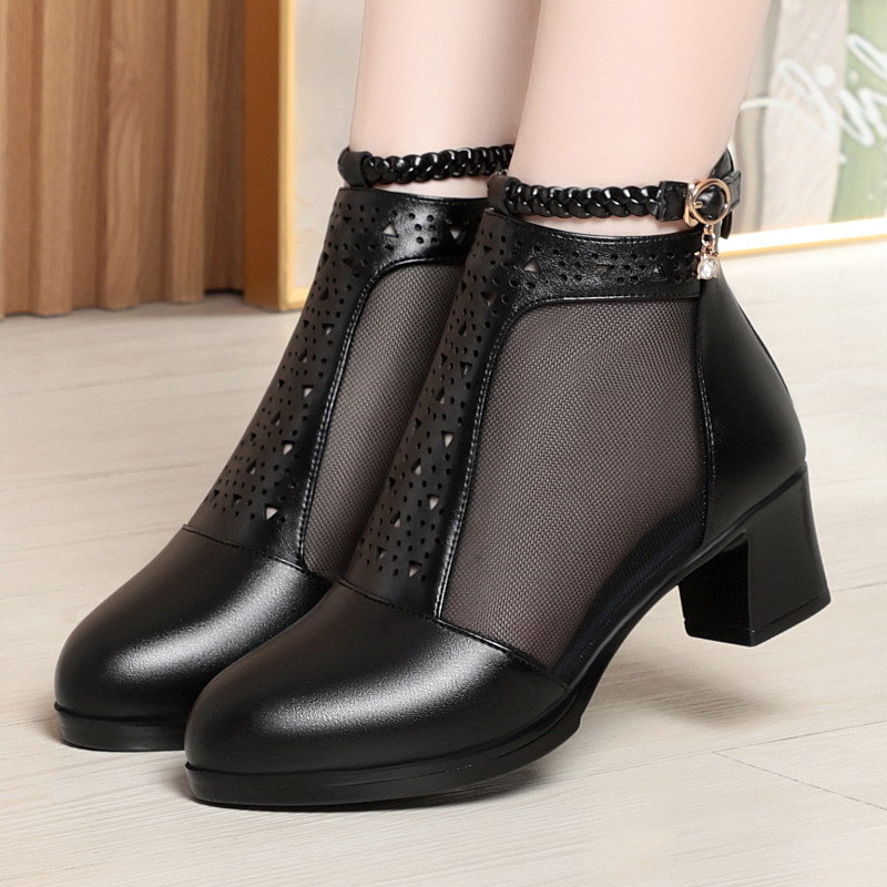 Summer New Fashion Thick High Heels Peep Toe Crystal Buckle Strap Cut Out Mesh Genuine Leather Women Ankle Short Modern Boots