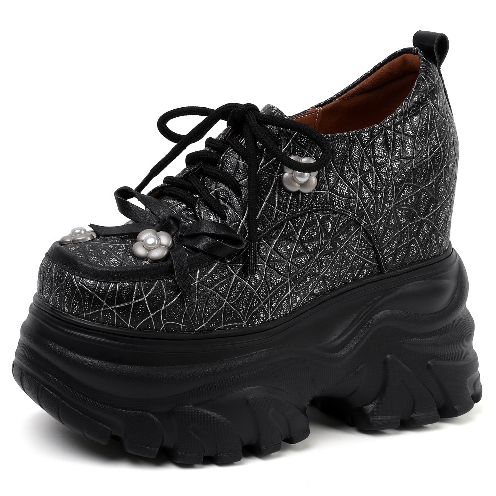 Women's Genuine Leather Lace-Up Flower Bow Pearl 14 CM Height Increasing Platform Sweet Versatile Spring Autumn Shoes 60304