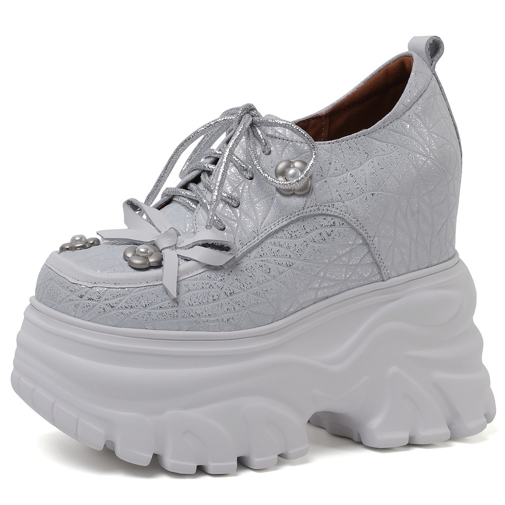 Women's Genuine Leather Lace-Up Flower Bow Pearl 14 CM Height Increasing Platform Sweet Versatile Spring Autumn Shoes 60304
