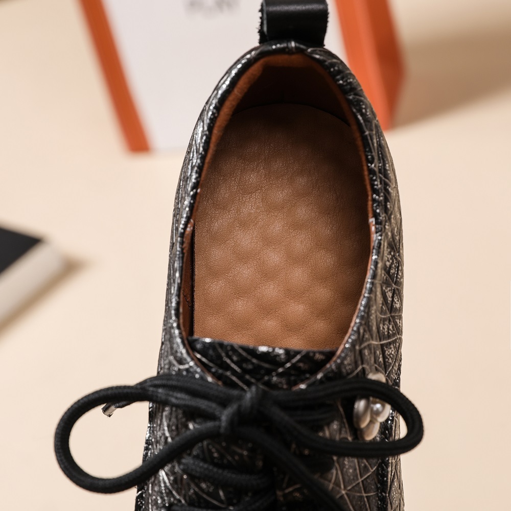 Women's Genuine Leather Lace-Up Flower Bow Pearl 14 CM Height Increasing Platform Sweet Versatile Spring Autumn Shoes 60304