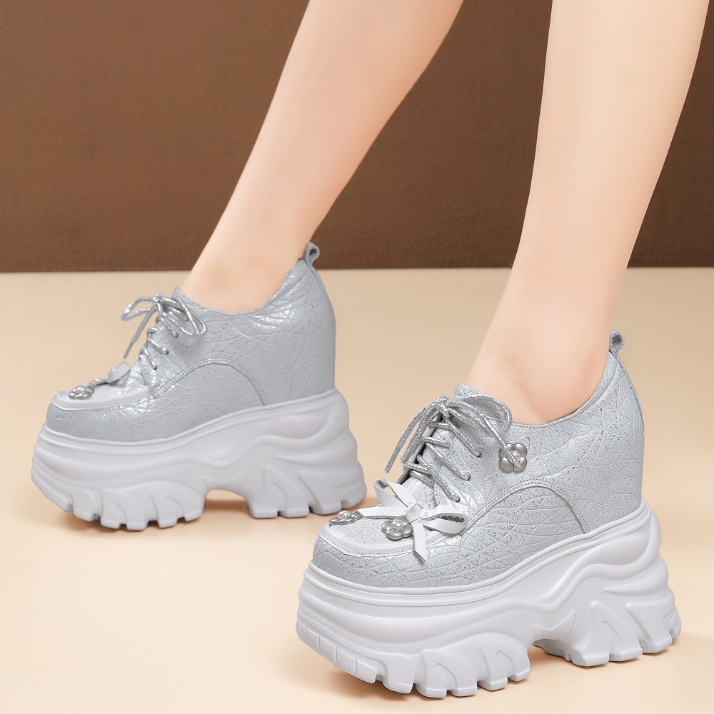 Women's Genuine Leather Lace-Up Flower Bow Pearl 14 CM Height Increasing Platform Sweet Versatile Spring Autumn Shoes 60304