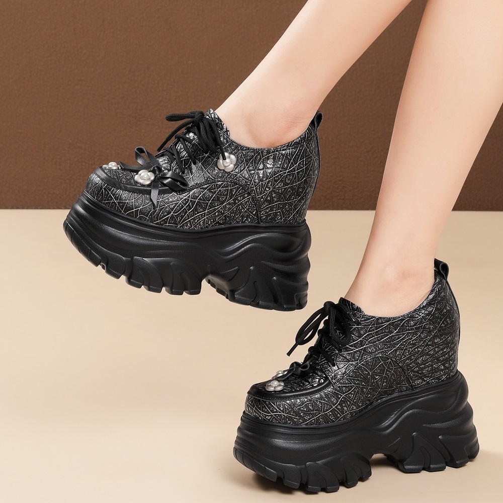 Women's Genuine Leather Lace-Up Flower Bow Pearl 14 CM Height Increasing Platform Sweet Versatile Spring Autumn Shoes 60304