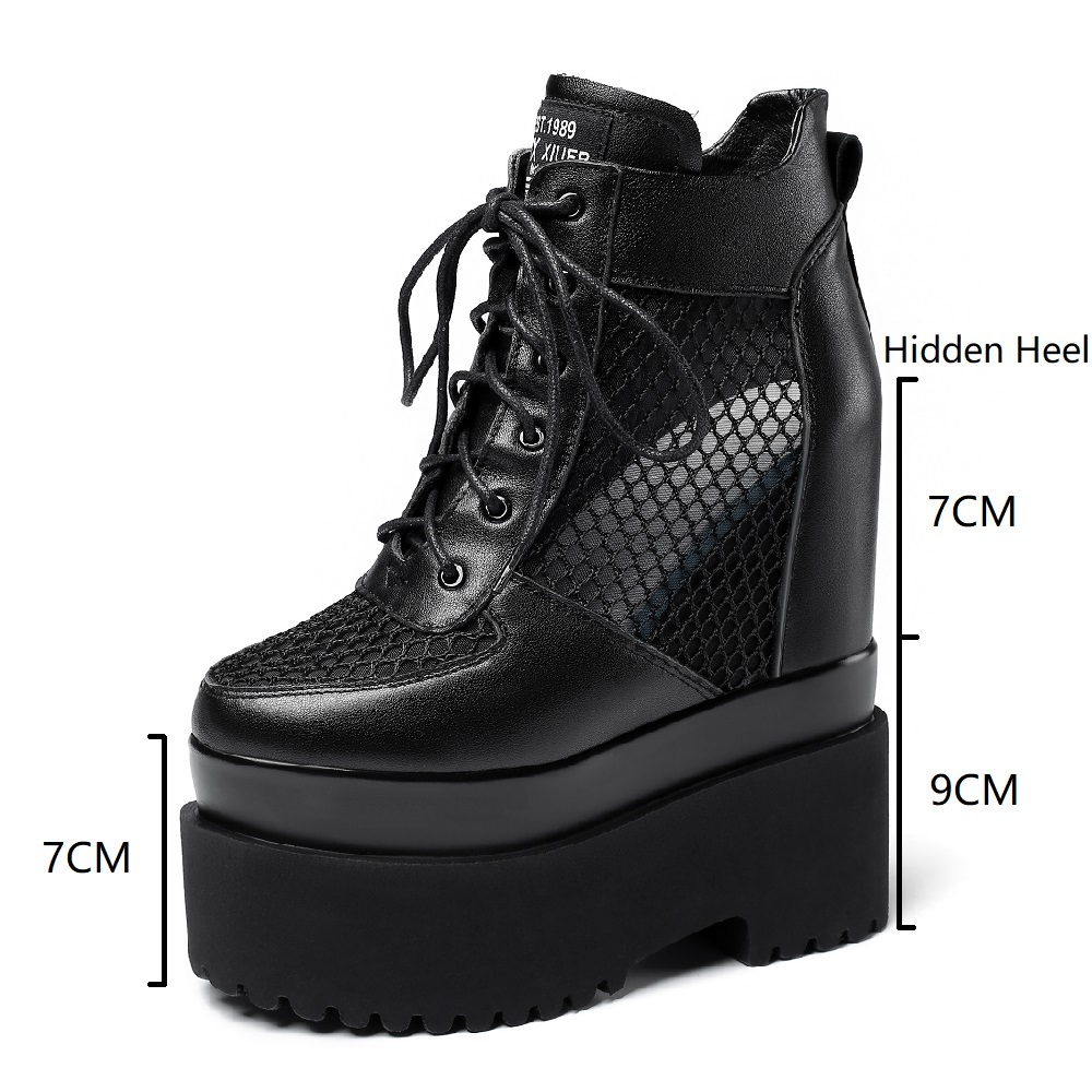 Summer New Slim 16 CM Height Increasing Platform Cross-tied Hollow Out Mesh Genuine Leather Side Zipper Women Ankle Short Modern Boots 60305