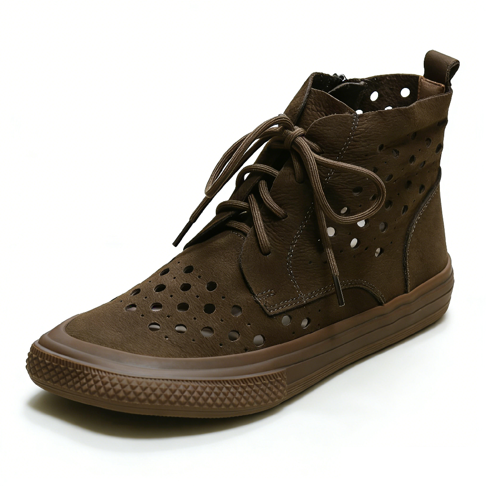 Summer New British Style Retro Chunky Bottom Cut Out Sewing Square Toe Cross-tied Side Zipper Genuine Leather Women Ankle Short Boots 60305
