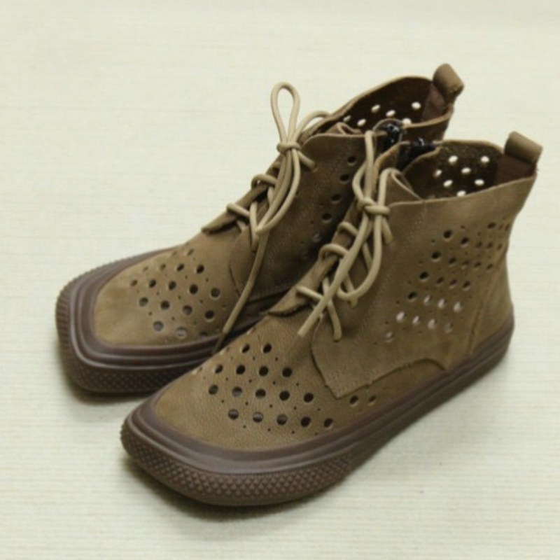 Summer New British Style Retro Chunky Bottom Cut Out Sewing Square Toe Cross-tied Side Zipper Genuine Leather Women Ankle Short Boots 60305