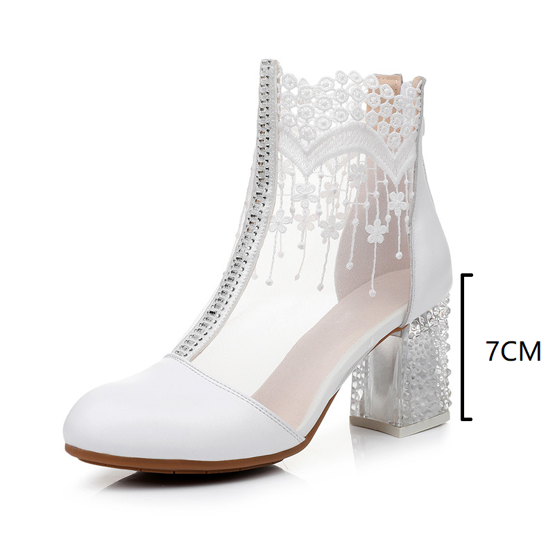 Summer New Arrival Fashion 7 CM Thick High Heels Crystal Embroidery Cut Out Mesh Genuine Leather Women Ankle Short Modern Boots 60305