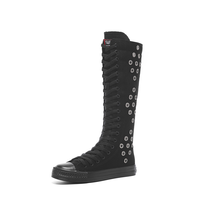 Women Dance Shoes Korean Style Fashion Flat Sole Rhinestone Cross-tied Sewing Canvas Ladies Knee-High Long Equestrian Boots 60305