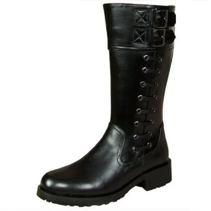 Men Genuine Leather Metal Buckle Mesh Inside High Equestrian Boots Motorcycle Boots Male Plush Inside Long Boots 60305
