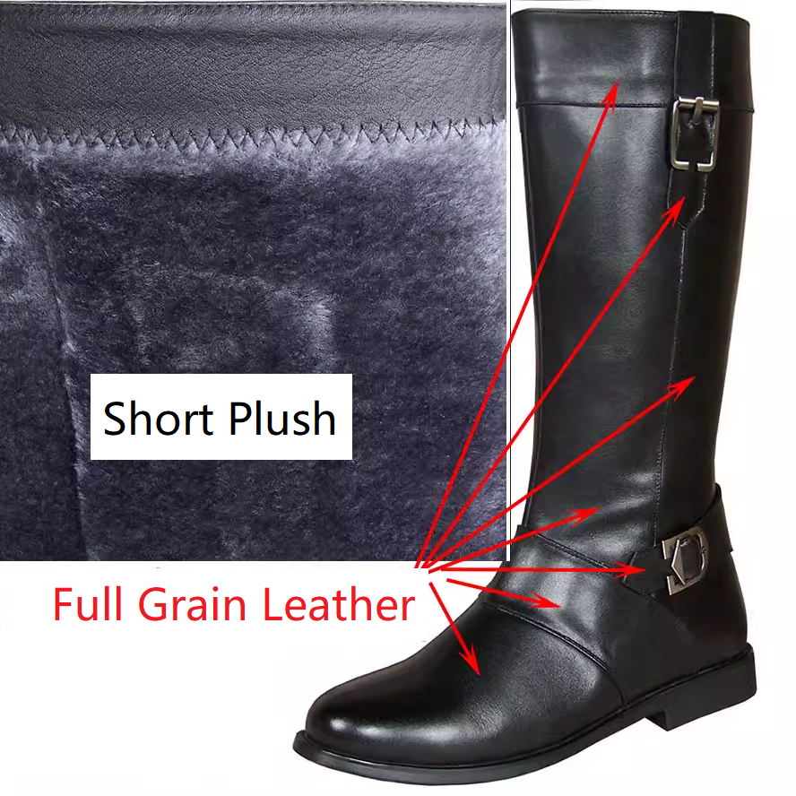 Spring Autumn New British Style Thick Heels Buckles Sewing Genuine Leather Men Knee-High Long Boots Winter Plush Inside