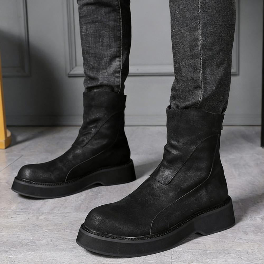 Spring Autumn British Style Thick Sole Sewing Genuine Leather Men High-top Short Riding Equestrian Boots Winter Plush Inside 60305