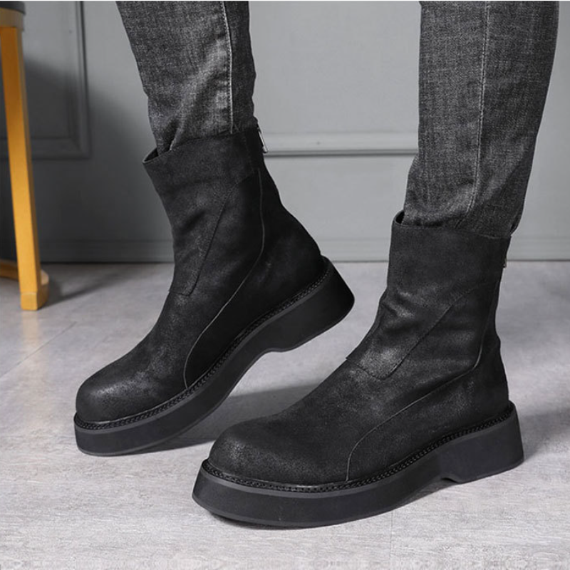 Spring Autumn British Style Thick Sole Sewing Genuine Leather Men High-top Short Riding Equestrian Boots Winter Plush Inside 60305