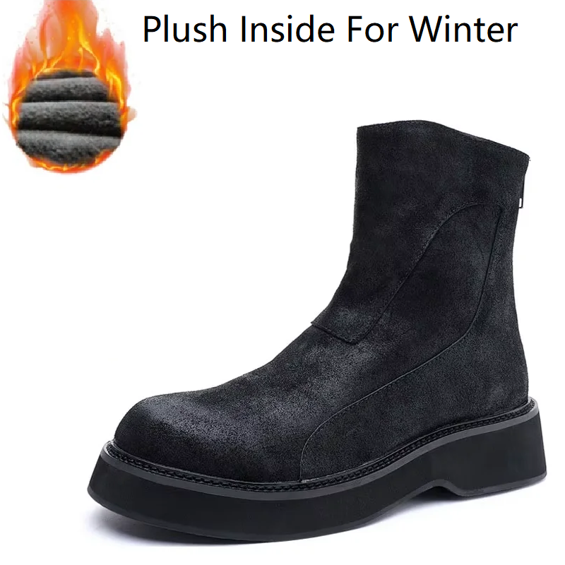 Spring Autumn British Style Thick Sole Sewing Genuine Leather Men High-top Short Riding Equestrian Boots Winter Plush Inside 60305