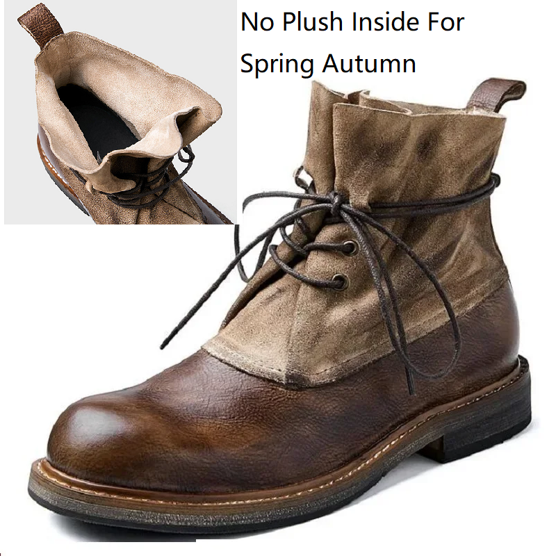 Spring Autumn Winter New British Style Retro Chunky Bottom Cross-tied Genuine Leather Men High Top Wrinkled Short Motorcycle Boots 60305