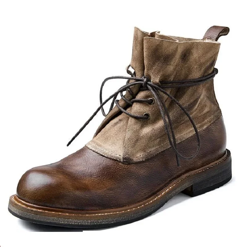 Spring Autumn Winter New British Style Retro Chunky Bottom Cross-tied Genuine Leather Men High Top Wrinkled Short Motorcycle Boots 60305