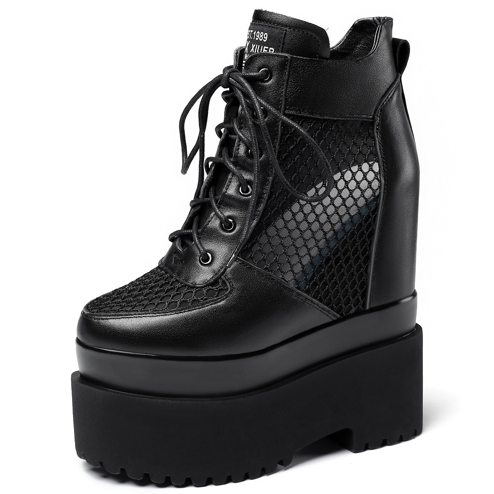 Summer New Slim 16 CM Height Increasing Platform Cross-tied Hollow Out Mesh Genuine Leather Side Zipper Women Ankle Short Modern Boots 60305
