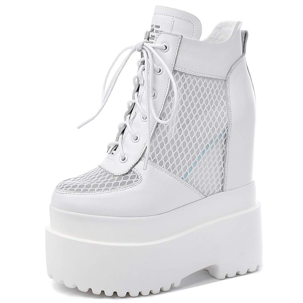 Summer New Slim 16 CM Height Increasing Platform Cross-tied Hollow Out Mesh Genuine Leather Side Zipper Women Ankle Short Modern Boots 60305