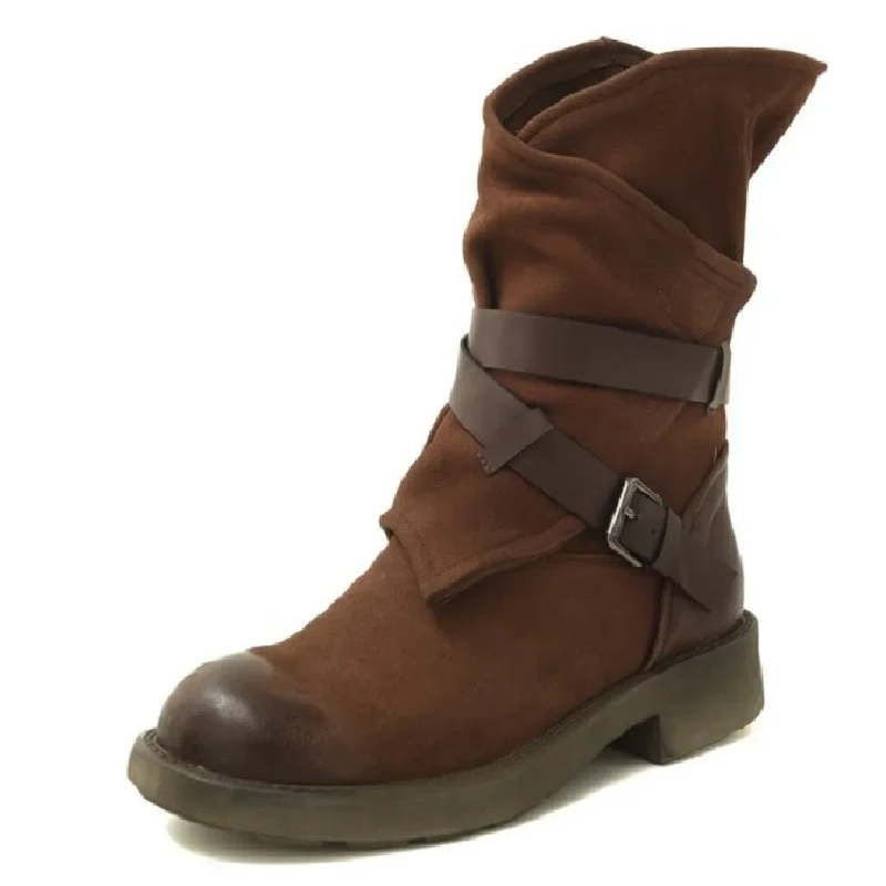 Spring Autumn British Style Retro Thick Heels Buckles Strap Genuine Leather Women Mid-Calf Half Motorcycle Boots Winter Plush
