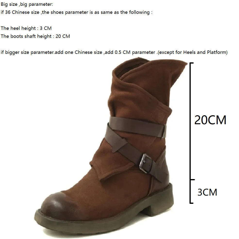 Spring Autumn British Style Retro Thick Heels Buckles Strap Genuine Leather  Wrinkled Women Mid-Calf Half Motorcycle Boots Winter Plush 60306