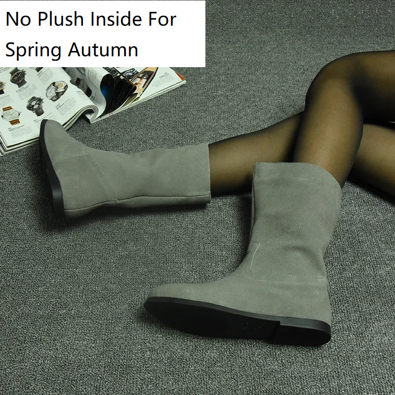 Spring Autumn British Style Retro Thick Low Heels Sewing Full Grain Leather Women Mid-Calf Equestrian Boots Winter Plush Inside