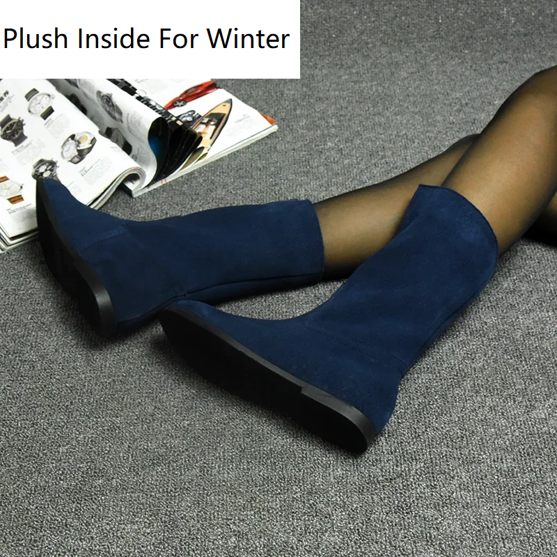Spring Autumn British Style Retro Thick Low Heels Sewing Full Grain Leather Women Mid-Calf Equestrian Boots Winter Plush Inside