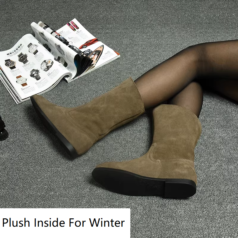 Spring Autumn British Style Retro Thick Low Heels Sewing Full Grain Leather Women Mid-Calf Equestrian Boots Winter Plush Inside 60306